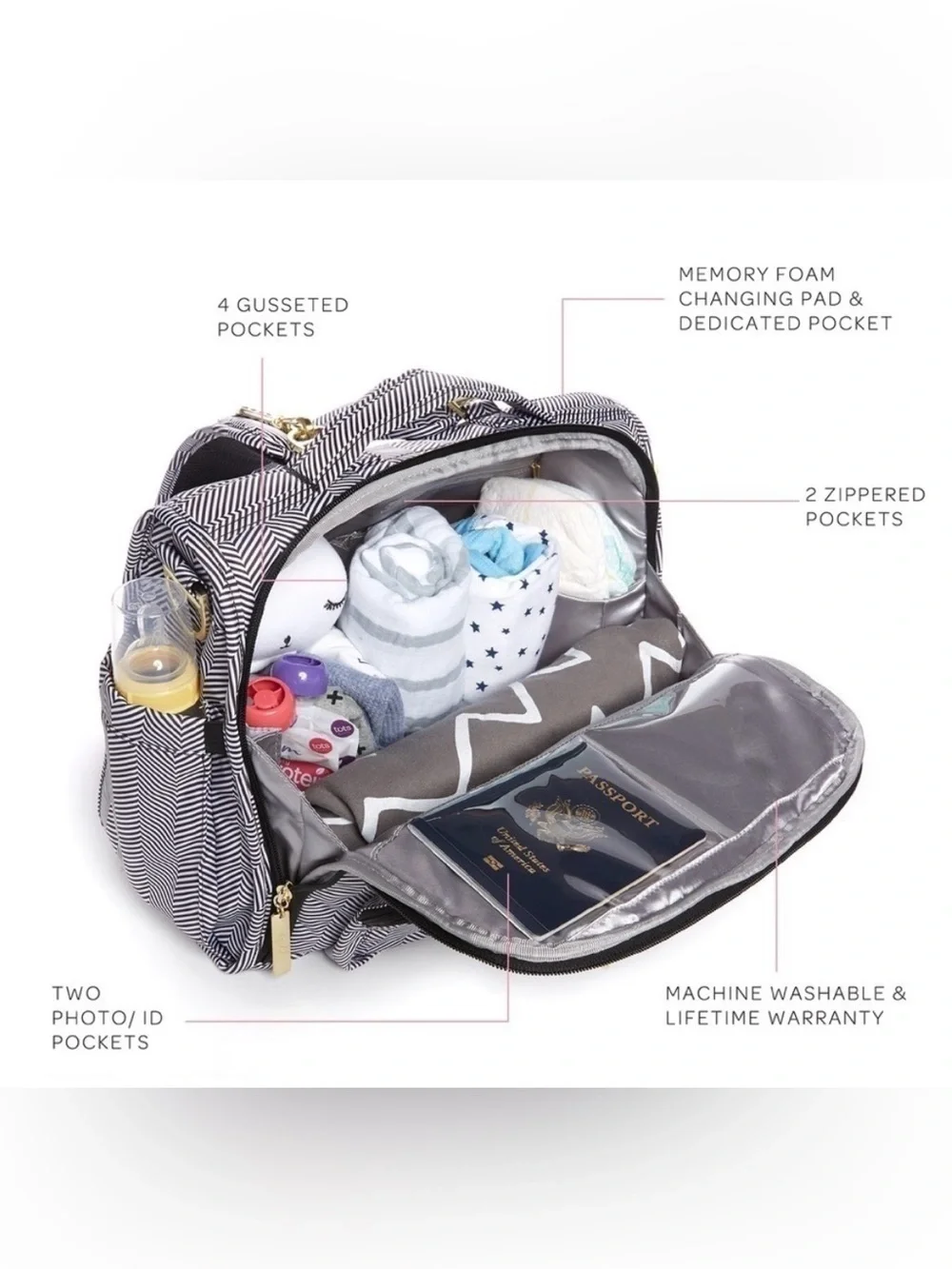 JuJuBe B.F.F. Convertible Diaper Bag Queen of the Nile Chevron Backpack Set
